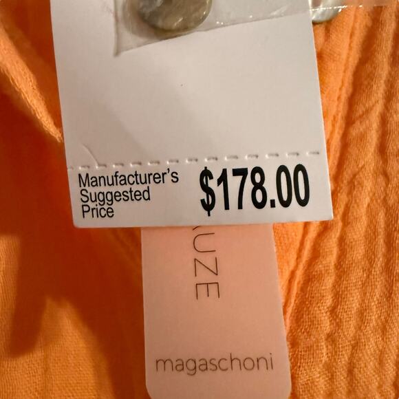 NWT Magaschoni thigh length full sleeve button up orange cream dress Size M - Picture 6 of 12